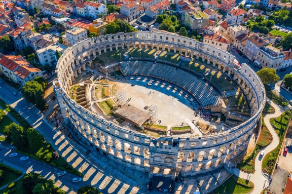 The Amphitheater in Pula seen from above looking down into it.